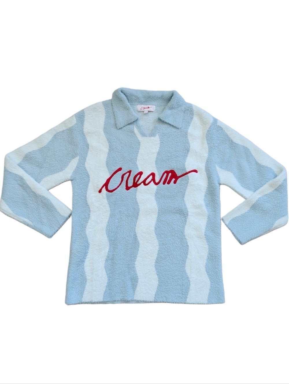 Cream Womens Blue White Red Wavey Soft Knit Collared Top Size Small